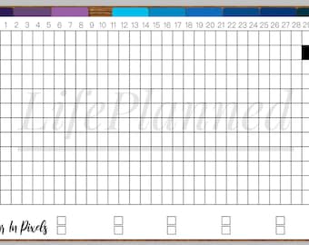 May include: A white grid calendar with black lines and numbers 1 to 31. The months of the year are listed on the left side of the grid. The text "Year In Pixels" is at the bottom of the grid. There are four empty boxes below the text.