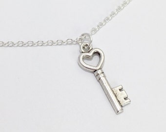 Silver Key Necklace/Heart Key Necklace/Skeleton Key Necklace