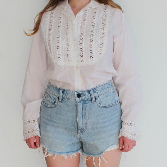 Vintage Lace Panel Button Down Blouse Top