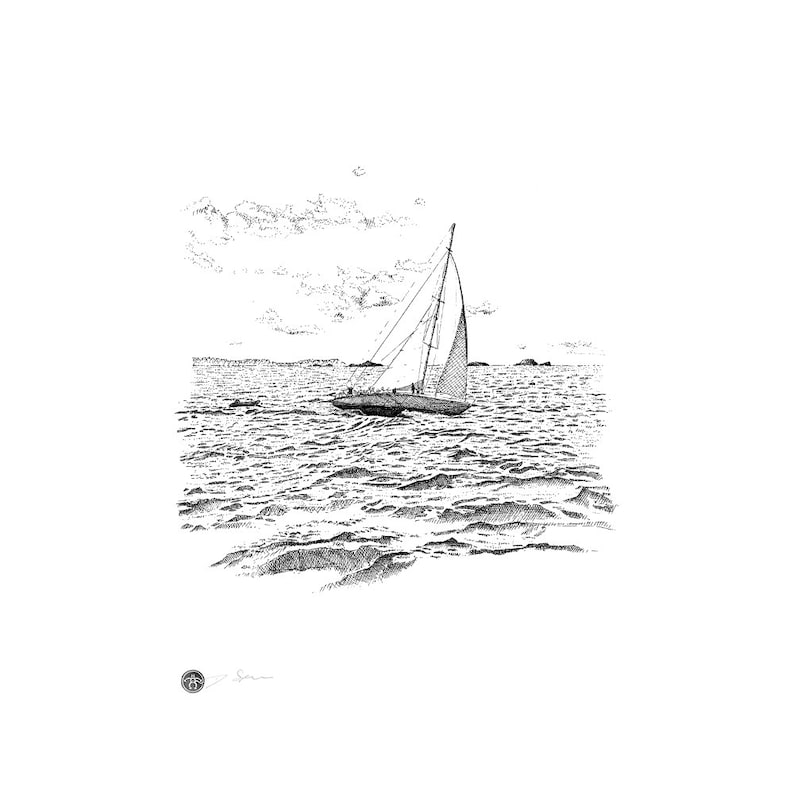 Sail Boat on the Whitsundays, Pen and Ink Drawing Produced as Black and ...
