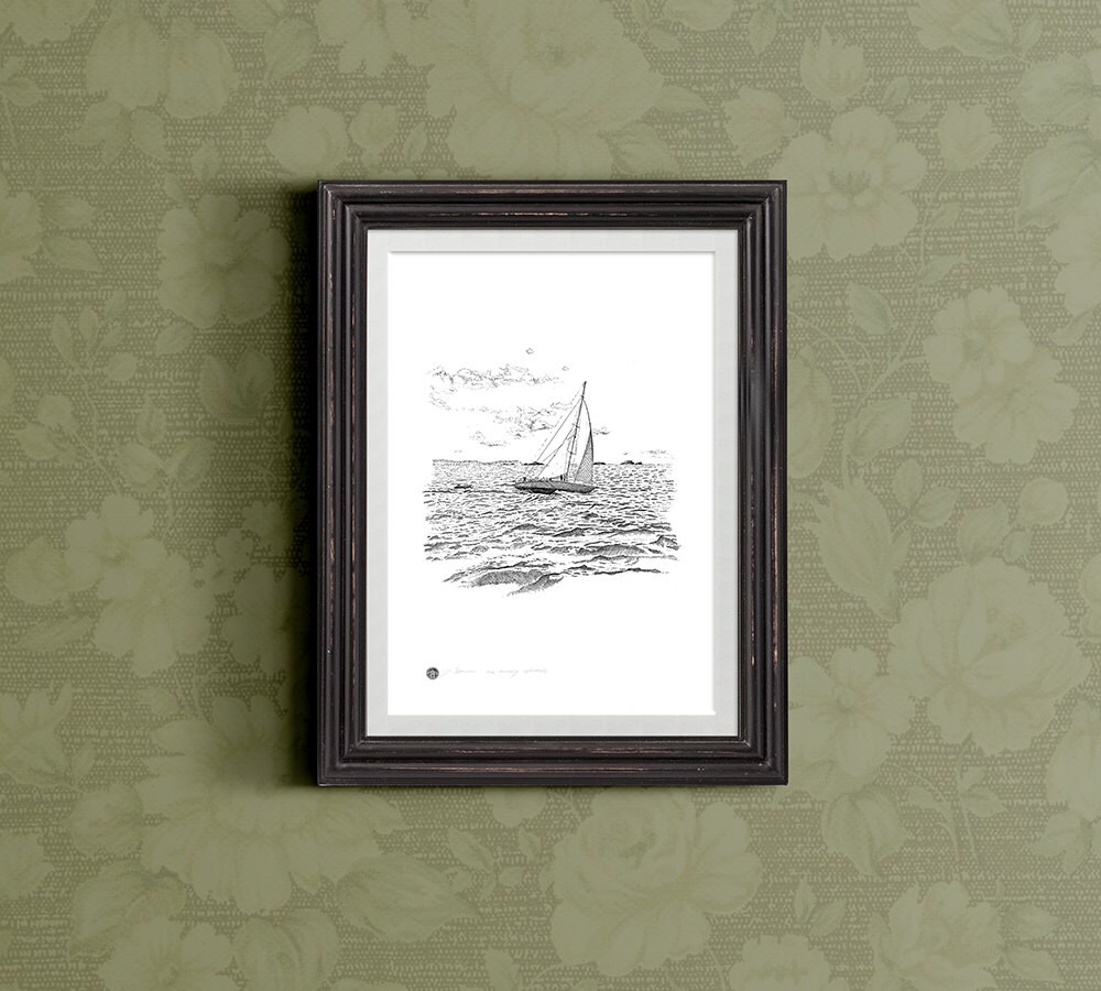 Sail Boat on the Whitsundays, Pen and Ink Drawing Produced as Black and ...