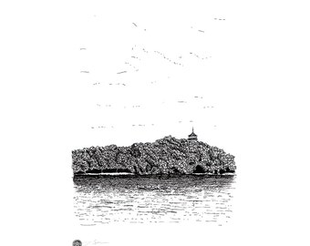 West Lake, Hangzhou, China. Pen and ink drawing produced as black and white giclee digital prints