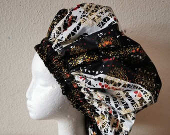 Black & White Red Gold Extra Large Beautiful African Ankara Fabric Sleep Night Lounge Handmade Women&#39;s Friend Gift Silk Satin Lined Cap