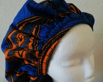 New Blue, Orange and Black Unisex African Print Lined Sleep/Lounge Cap Medium Size