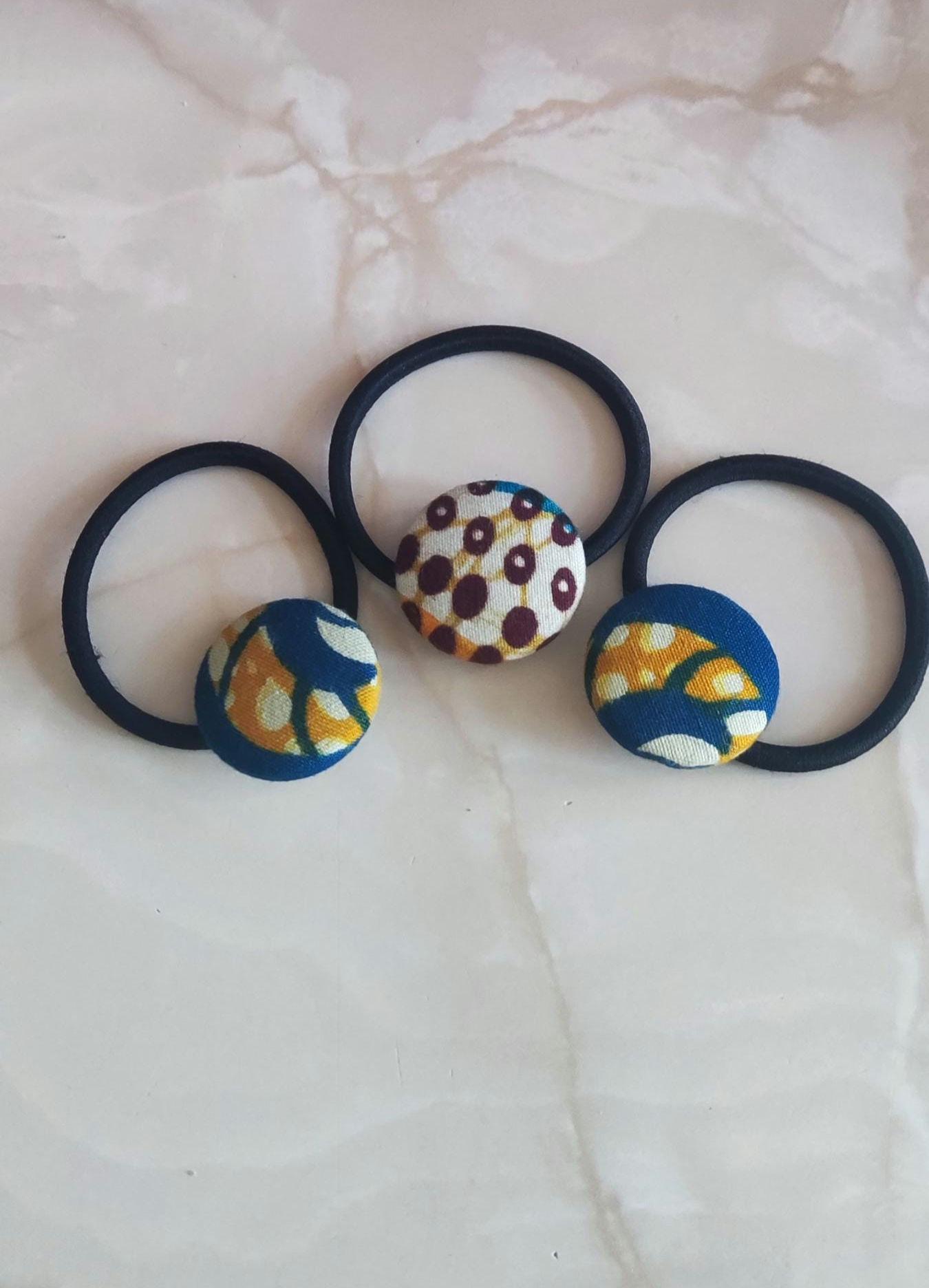 3 Blue White Yellow Brown African Fabric 28mm Handcovered Buttons Hair Bobbles Elastic. Ponytail Hair Accessory Gift