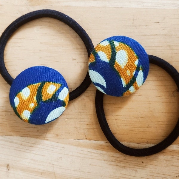 Blue Yellow & Masks/Faces African Designs 28mm Fabric Hand Covered Buttons Hair Bobbles Elastic. Ponytail Hair Accessory Women  Everyday