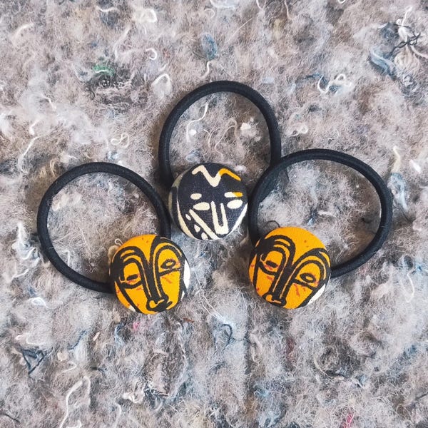 African Mask Hair Ties: Handmade Fabric Button Bobbles (Set of 3)