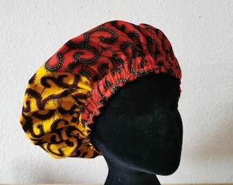 Handmade Multi-Coloured Women&#39;s Girl Mum Mom Red, Yellow and Black African Design Lined Sleep and Lounge Caps for Dreadlocks Natural Hair