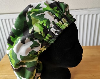 Green, Black and Ivory Unisex Camouflage Dreadlocks Lined Sleep, Night, Work and Lounge Cap