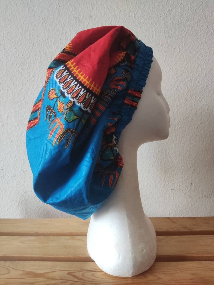 New Dashiki African Design Multicoloured Blue and Red Small Size Lined Women's Sleep/Lounge Cap Everyday Hair Protection Christmas gift