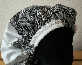 Dashiki White and Black Cotton African Print Hairlined Silky Satin Sleep Night Lounge Cap Gift Dreadlocks Long Hair