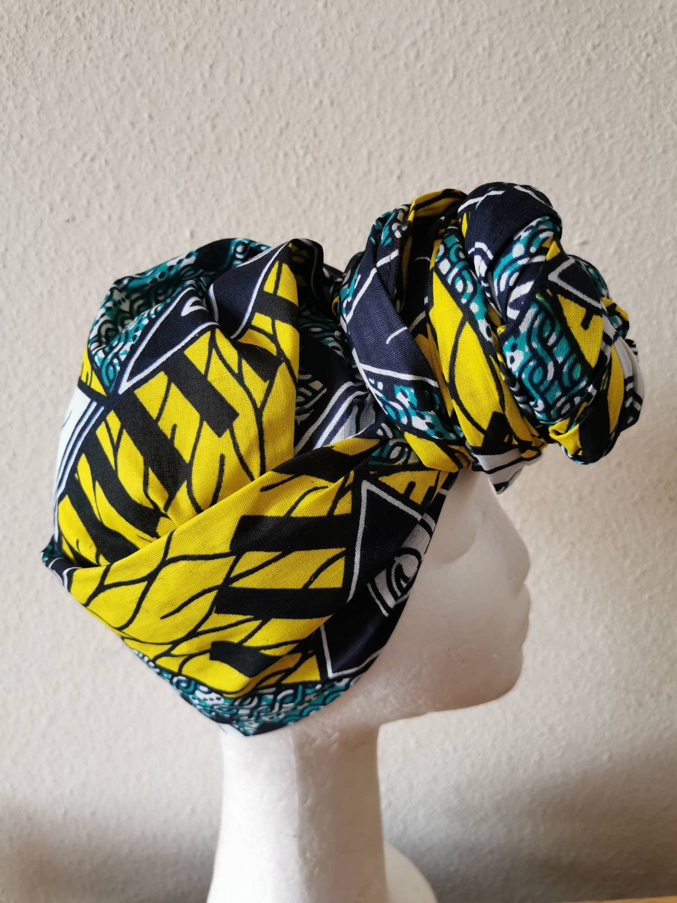 Blue Yellow and White Musical Notes & Keys, African Print Scarf Head, Shawl Wrap/Bandanna