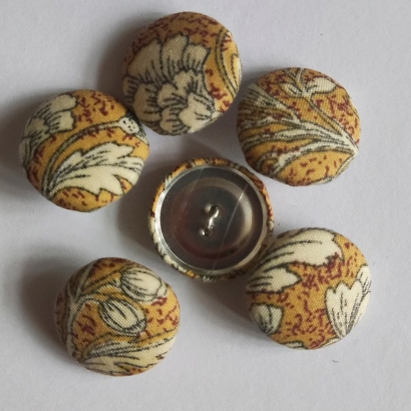 6 Mustard Yellow and Cream Vintage Floral Design Fabric 22mm Hand Covered Buttons Garment Upcycling Scrapbook Craft Gift Sewing Jacket Coat