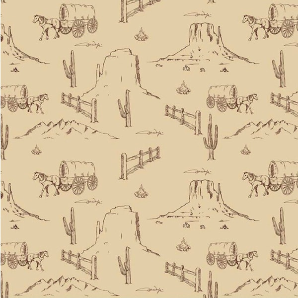 John Wayne Western Landscape Pattern #C8572-TAN - di Riley Blake - Tessuto 100% cotone - Scegli il tuo taglio