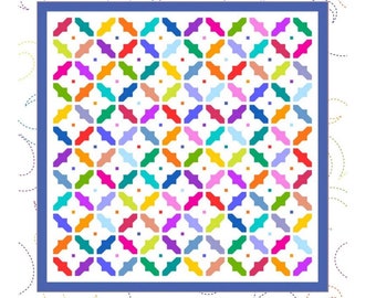 May include: A colorful quilt pattern called "Tiddylwinks" with a finished quilt size of 93" x 93". The pattern features a repeating geometric design with a variety of colors, including red, orange, yellow, green, blue, purple, pink, and white.