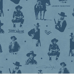 May include: A blue and white fabric with a repeating pattern of John Wayne in various poses. The fabric features a cowboy hat, a gun, and the text "John Wayne".