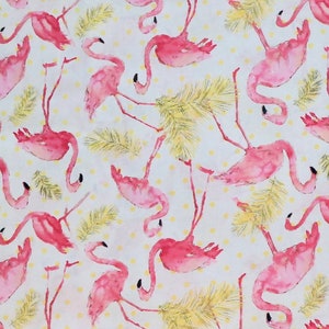 May include: Pink flamingo pattern fabric with yellow palm leaves and white polka dots on a white background.