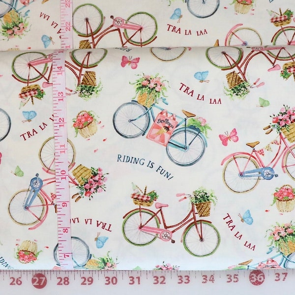 Tra La Laa - Pattern # DDC9835-CREM-D - Bicycles with Baskets of Flowers - by Michael Miller - 100% Cotton Woven Fabric, Choose Cut