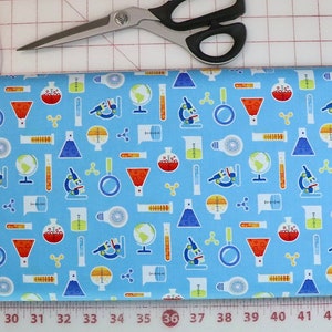 Geek Chic Beakers and Test Tubes Lt Blue - #3734-11 - Studio e - Chemistry, Lab Equipment, Science - 100% Cotton Woven Fabric - Choose Cut