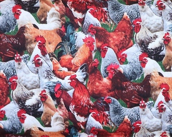 Farm Animals by Elizabeth's Studio, Packed Chickens and Roosters, 100% Cotton Woven Fabric, Choose Your Cut