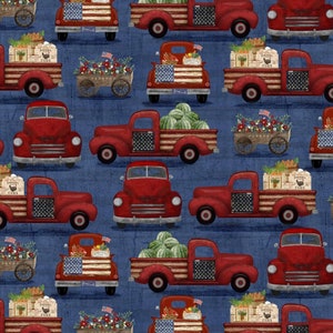 Hometown America - Patriotic Red Truck - # 18698 Blue - Designed by Beth Albert for 3 Wishes - 100% Cotton Woven Fabric - Choose Your Cut