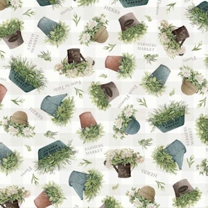 May include: Fabric with a repeating pattern of watercolor-style illustrations. The design features various containers filled with herbs and flowers, including watering cans, baskets, and pots, with text that reads "Farm to Table", "Herbs", "Fresh Flowers", and "Farmers Market". The background is a white and light beige checkered pattern.