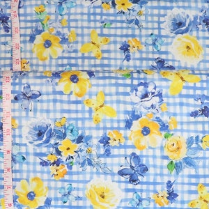 Flowering - # DCX9729-DELF-D - Blue and Yellow Roses on Plaid Background - by Michael Miller - 100% Cotton Woven Fabric - Choose Cut
