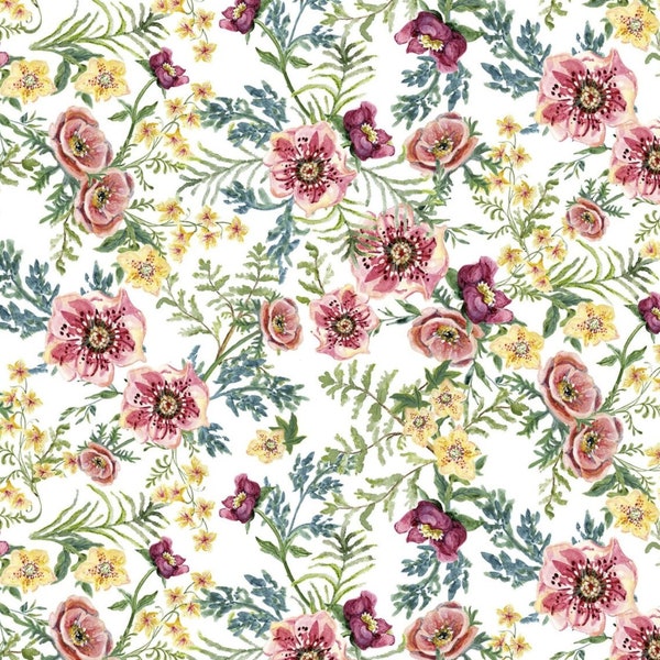 Forest Friends - Floral - Pattern # 3W 18674 White - by 3 Wishes - 100% Cotton Woven Fabric - Choose Your Cut
