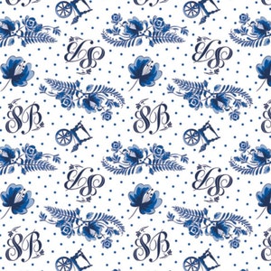 May include: A white background with a blue and white repeating pattern of flowers, leaves, a bicycle, and the letters "SB".