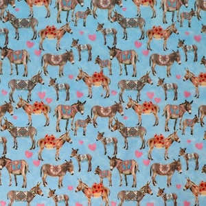 Donkey Love - Donkeys on Blue with Colorful Blankets - by Paintbrush Studios - 100% Cotton Woven Fabric - Choose Your Cut