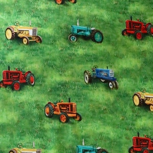 Remnant 19 Inches - Robert Kaufman - Down on the Farm - Colorful Tractors in Grass - Digitally Printed - 100% Cotton Woven Fabric