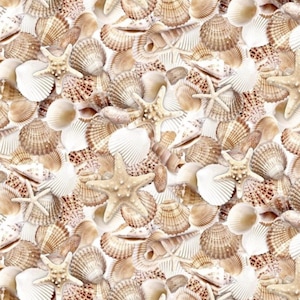 May include: A seamless pattern featuring a variety of seashells and starfish in shades of beige, cream, and brown. The arrangement includes different shapes and sizes of shells, creating a textured, beachy aesthetic. The background is white.