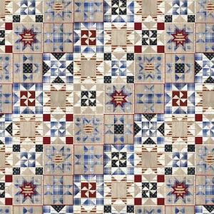 Pode incluir: Um tecido de patchwork vermelho, branco e azul com uma variedade de padrões de blocos de colcha. O tecido apresenta desenhos de estrelas, listras e xadrez. O tecido é perfeito para acolchoar, artesanato e projetos de decoração de casa.