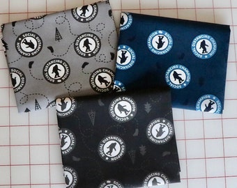 3 Fat Quarters, Bigfoot Social Distancing Champion, Navy, Black and Gray, Sasquatch, 100% Cotton Woven Fabric