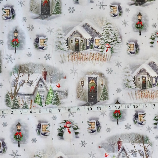 Winter Greetings - Christmas Village Vignettes - Blanc - # 28336 -Z - par Quilting Treasures - Tissu tissé 100% coton - Choisissez la coupe