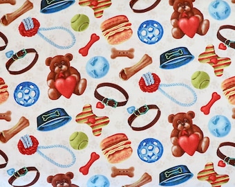 Dog Toys on Cream Paw Prints - #STU-6120-43 - Off the Leash - by Studio E - 100% Cotton Woven Fabric - Choose Your Cut