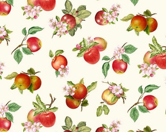 Può includere: Uno schema senza cuciture con mele rosse e fiori rosa su uno sfondo crema. Le mele sono disegnate in uno stile realistico con sfumature e luci sottili.