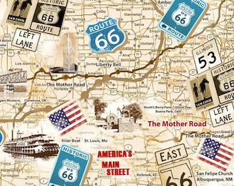 Route 66 Antique Map - by Timeless Treasures - #CD3060  NEUTRAL - 100% Cotton Woven Fabric - Choose Your Cut