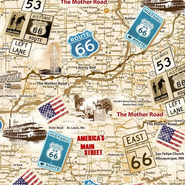 Carte ancienne de la Route 66 - par Timeless Treasures - # CD3060 NEUTRE - Tissu tissé 100 % coton - Choisissez votre coupe