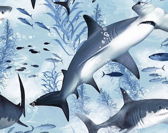 End of Bolt 1 Yard - Timeless Treasures - SWIMMING SHARKS - #C7980 - Predators of the Ocean - 100% Cotton Woven Fabric