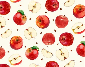 Può includere: Uno schema senza cuciture con mele rosse e fette di mela su uno sfondo bianco. Le mele sono disposte in uno schema casuale e alcune sono tagliate a metà per mostrare l'interno.