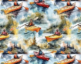 Kayakers - #DX-4908-3C-1 Multi - Painterly Kayaks 3 - Digital Prints by David Textiles - 100% Cotton Woven Fabric