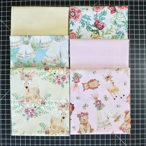 6 Fat Quarters, Forest Friends for Girls, by 3 Wishes, Baby Animals, Teepees, Flora, May Purchase with Block Panel, 100% Cotton Woven Fabric