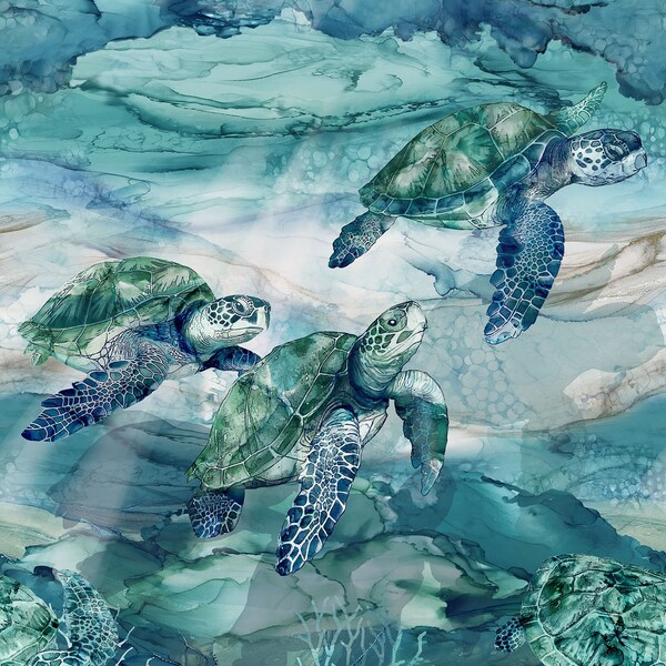 Sea Breeze - Nautical Fabric Panel - Sea Turtles - 43" Tall x 24" Wide - #DP27095-44 - by Northcott - 100% Cotton Woven Fabric