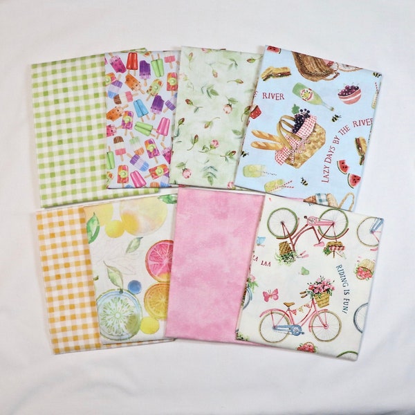 Lazy Days - 8 Piece Fat Quarter Set - Picnic by the Lake, Riding Bicycles, Fresh Lemonade and Popsicles - 100% Cotton Woven Fabric