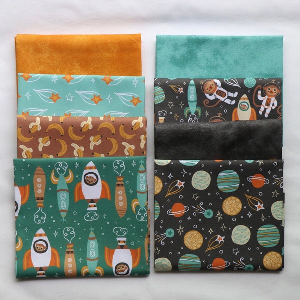 Space Monkey 8 Piece Fat Quarter Set - by Paintbrush Studio - Rockets, Planets, Stars, Bananas, Astronauts - 100% Cotton Woven Fabric