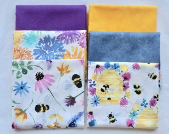 6 Fat Quarters, 3 Bee Harmony by David Textiles and 3 Solids  to Match, Bumble Bees, Bee Hives, Floral, 100% Cotton Woven Fabric