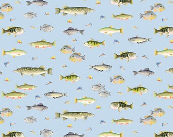 REMNANT 28 Inches - Keep It Reel - Go Fish - Lt Blue - by Benartex - 100% Cotton Woven Fabric