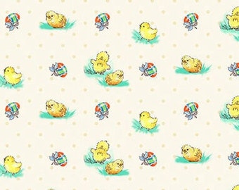Bunny Tails Chick and Egg - # 9761-44 Cream - by Henry Glass - 100% Cotton Woven Fabric, Choose Your Cut