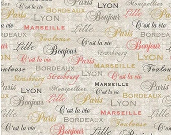 May include: A beige background with a repeating pattern of French city names and phrases in gold and pink lettering. The text includes "Paris", "Lyon", "Marseille", "Bordeaux", "Toulouse", "C'est la vie", and "Bonjour".